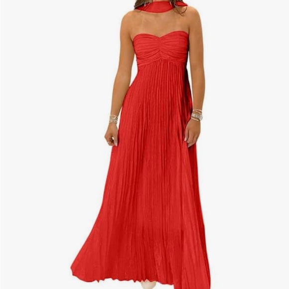 open lace back dress Strapless Chiffon Gown with Scarf Neck Detail & Flowing A-Line Skirt CDT703 main image 0